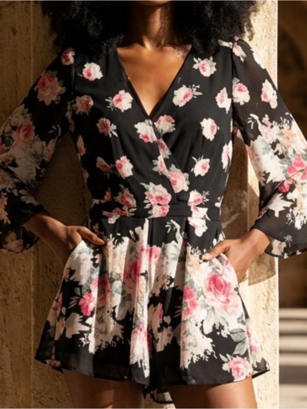 NWT Uniq Floral Black Pink Wrap Shorts Romper